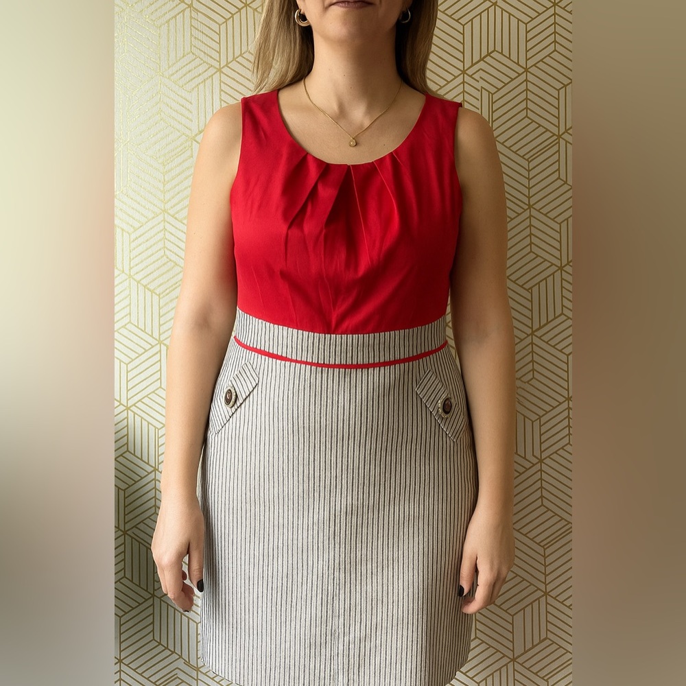 Alyx Seersucker Dress Sz 14 Red Gray Nautical Pockets Boating Lined Sleeveless
